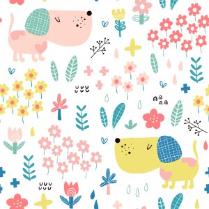 Papier Peint Pour Les Enfants - Chiens Et Fleurs Colorés – Image 1
