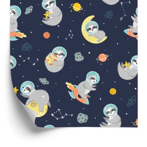 Papier Peint Pour Les Enfants - Des Paresseux Spatiaux Étreignant Des Planètes, Des Étoiles Et Des Lunes – Image 2