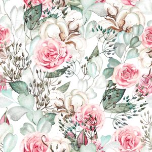 Papier Peint Roses Et Feuilles D'eucalyptus Peintes À L'aquarelle – Image 1