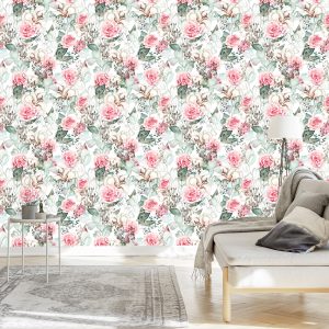 Papier Peint Roses Et Feuilles D'eucalyptus Peintes À L'aquarelle – Image 3