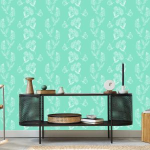 Papier Peint Herbes Et Papillons Sur Fond Turquoise – Image 5