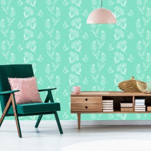 Papier Peint Herbes Et Papillons Sur Fond Turquoise – Image 6