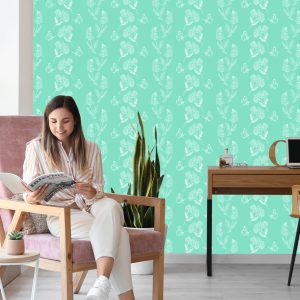 Papier Peint Herbes Et Papillons Sur Fond Turquoise – Image 7