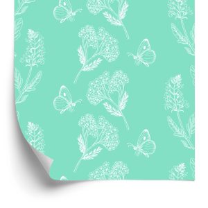 Papier Peint Herbes Et Papillons Sur Fond Turquoise – Image 2