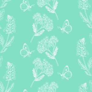 Papier Peint Herbes Et Papillons Sur Fond Turquoise – Image 1