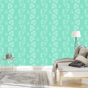 Papier Peint Herbes Et Papillons Sur Fond Turquoise – Image 3