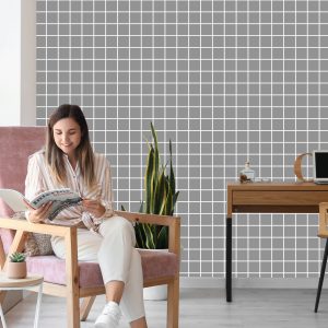 Papier Peint Gris Minimaliste Moderne - Carreaux Blancs – Image 7