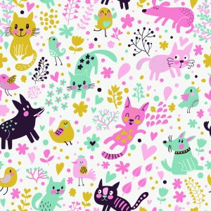 Papier Peint Pour Les Enfants - Chats, Chiens Et Oiseaux Colorés – Image 1