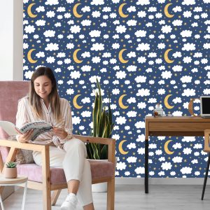 Papier Peint Pour Les Enfants - Étoiles, Nuages ​​Et Lunes Endormies – Image 7