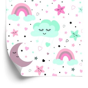 Papier Peint Pour Les Enfants - Nuages, Lunes, Étoiles Et Arcs-En-Ciel Endormis – Image 2