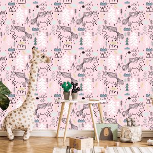 Papier Peint Pour Les Enfants - Licornes Sur Fond D'arbres Et De Montagnes De Nuages – Image 5
