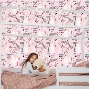 Papier Peint Pour Les Enfants - Licornes Sur Fond D'arbres Et De Montagnes De Nuages – Image 7