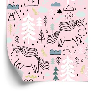 Papier Peint Pour Les Enfants - Licornes Sur Fond D'arbres Et De Montagnes De Nuages – Image 2
