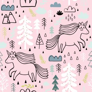 Papier Peint Pour Les Enfants - Licornes Sur Fond D'arbres Et De Montagnes De Nuages – Image 1