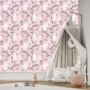 Papier Peint Pour Les Enfants - Licornes Sur Fond D'arbres Et De Montagnes De Nuages – Image 3