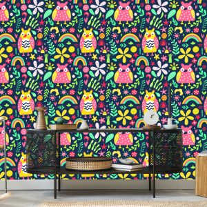 Papier Peint Pour Les Enfants - Hiboux Et Fleurs Colorés – Image 5
