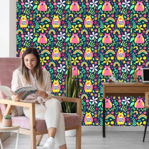Papier Peint Pour Les Enfants - Hiboux Et Fleurs Colorés – Image 7