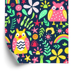 Papier Peint Pour Les Enfants - Hiboux Et Fleurs Colorés – Image 2