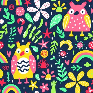 Papier Peint Pour Les Enfants - Hiboux Et Fleurs Colorés – Image 1