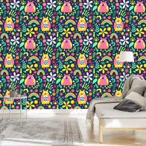Papier Peint Pour Les Enfants - Hiboux Et Fleurs Colorés – Image 3