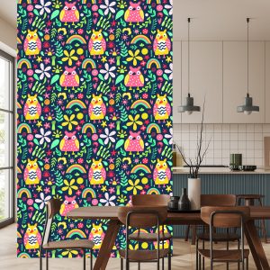 Papier Peint Pour Les Enfants - Hiboux Et Fleurs Colorés – Image 4