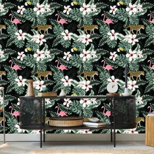 Papier Peint Feuilles, Fleurs Et Animaux Exotiques – Image 5