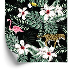 Papier Peint Feuilles, Fleurs Et Animaux Exotiques – Image 2