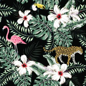 Papier Peint Feuilles, Fleurs Et Animaux Exotiques – Image 1
