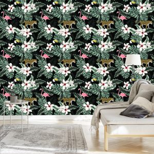 Papier Peint Feuilles, Fleurs Et Animaux Exotiques – Image 3