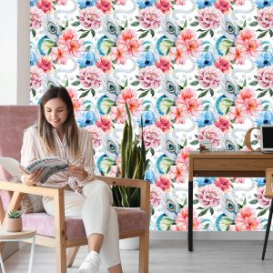 Papier Peint Plumes De Paon Fleurs Et Perles – Image 7