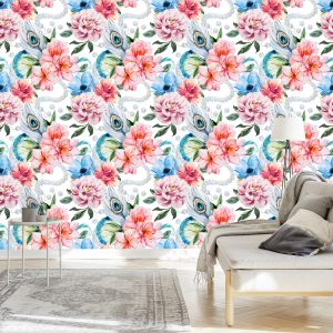 Papier Peint Plumes De Paon Fleurs Et Perles – Image 3
