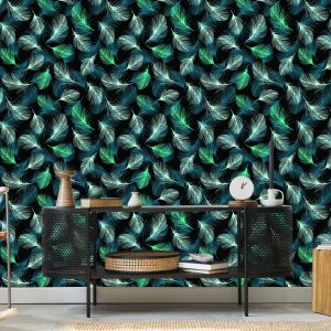 Papier Peint Plumes Turquoise Sur Fond Noir – Image 5