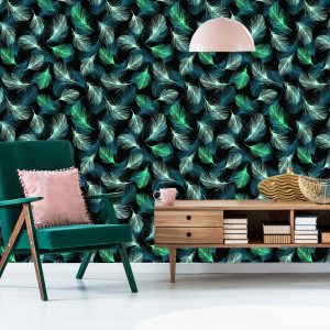 Papier Peint Plumes Turquoise Sur Fond Noir – Image 6