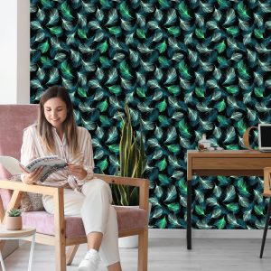 Papier Peint Plumes Turquoise Sur Fond Noir – Image 7