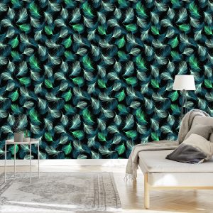 Papier Peint Plumes Turquoise Sur Fond Noir – Image 3