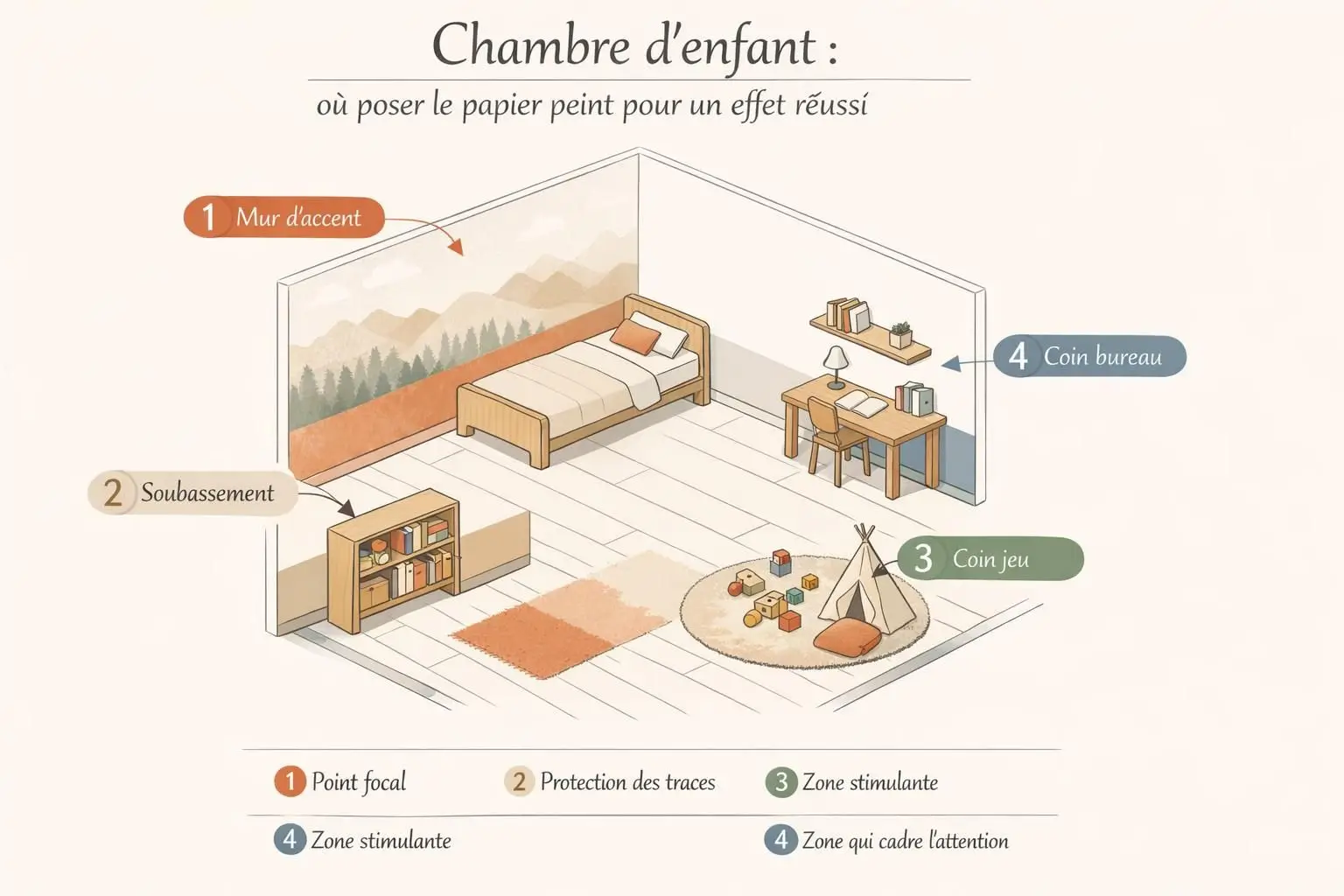 Schéma d’une chambre d’enfant montrant le mur d’accent, le soubassement et les zones coin jeu, coin lecture et coin bureau où poser le papier peint.