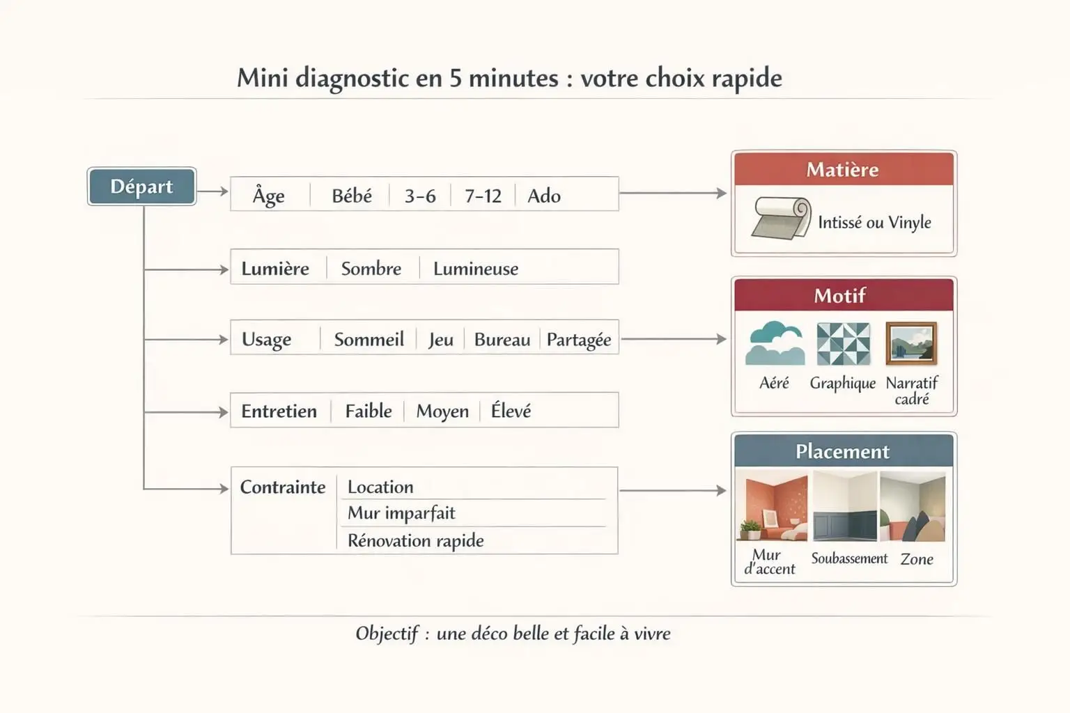 Arbre de décision pour choisir un papier peint de chambre d’enfant selon l’âge, la lumière, l’usage, l’entretien et les contraintes.