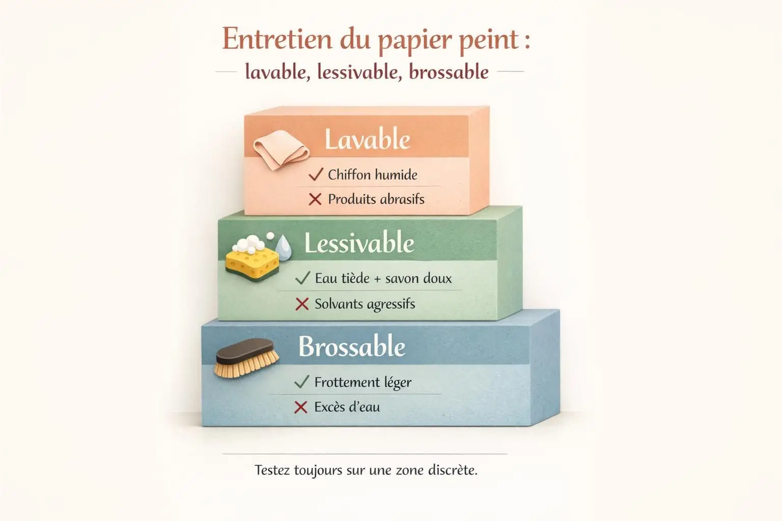 Échelle des niveaux d’entretien du papier peint avec la différence entre lavable, lessivable et brossable, et les gestes recommandés.