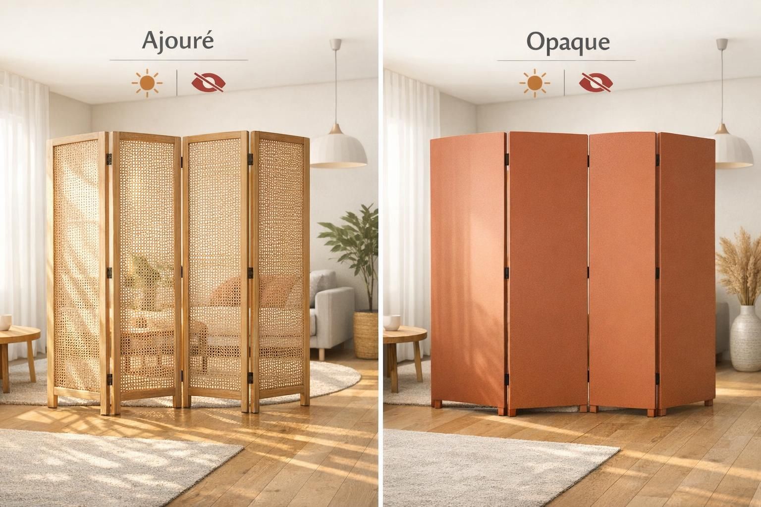 Paravent ajouré et paravent opaque comparés pour séparer un espace dans un intérieur