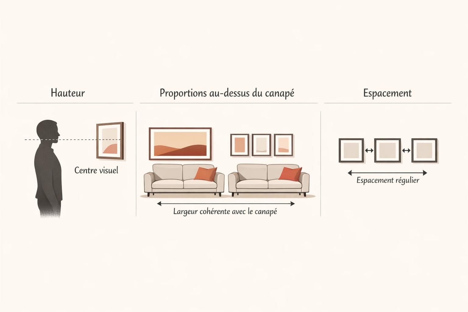 Schéma des règles d’accrochage dans un salon : hauteur, proportions au-dessus du canapé et espacement régulier