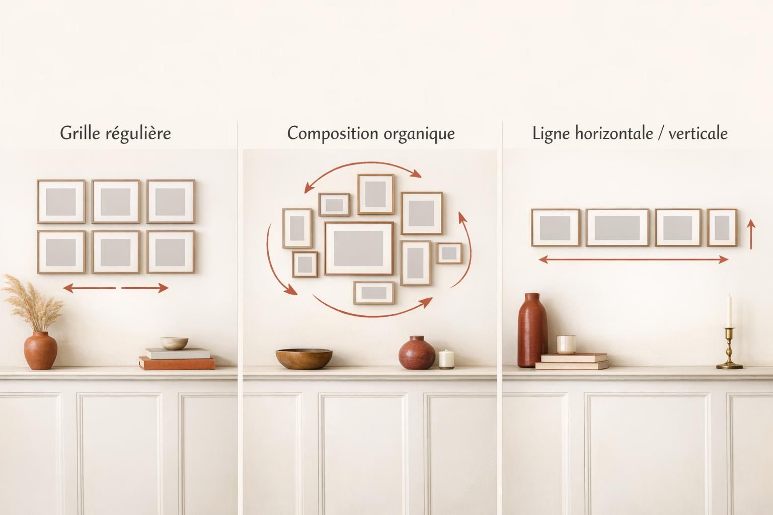 Schémas de compositions pour un mur de cadres dans une entrée : grille, organique et ligne