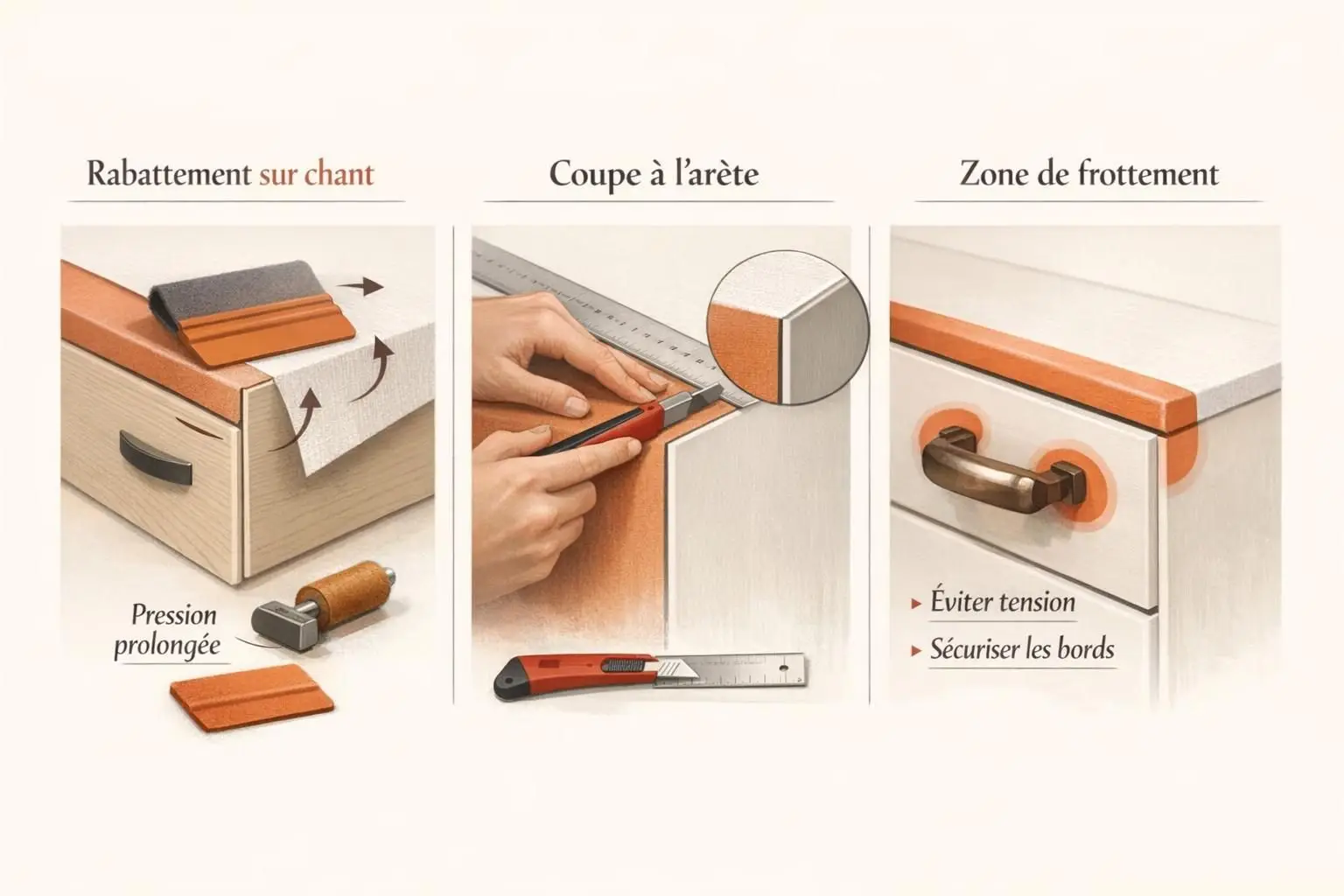 Infographie montrant rabattement sur chant, coupe à l’arête et zones de frottement pour poser du papier peint sur un meuble sans décollement