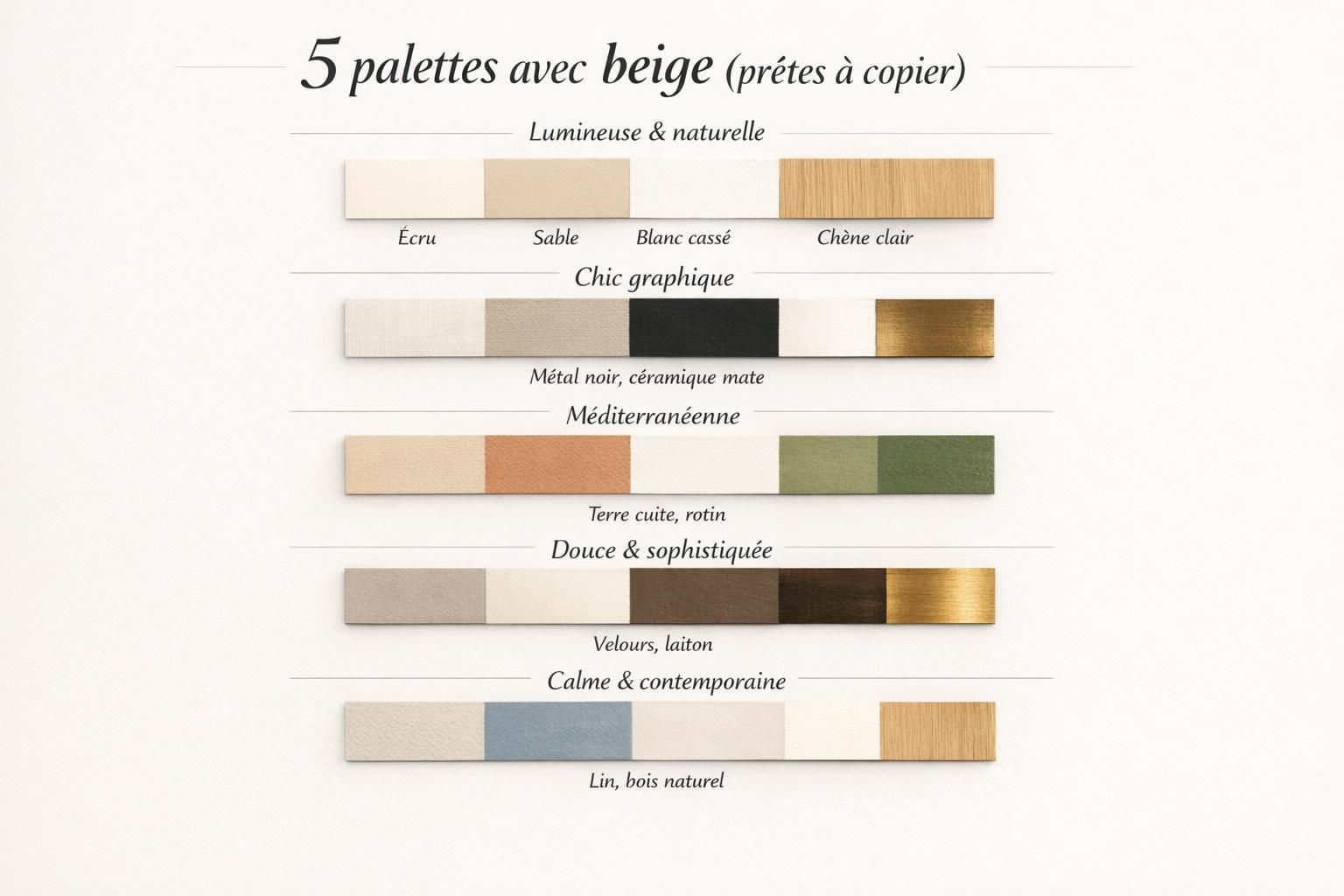 Palettes de couleurs à associer au beige selon différentes ambiances déco