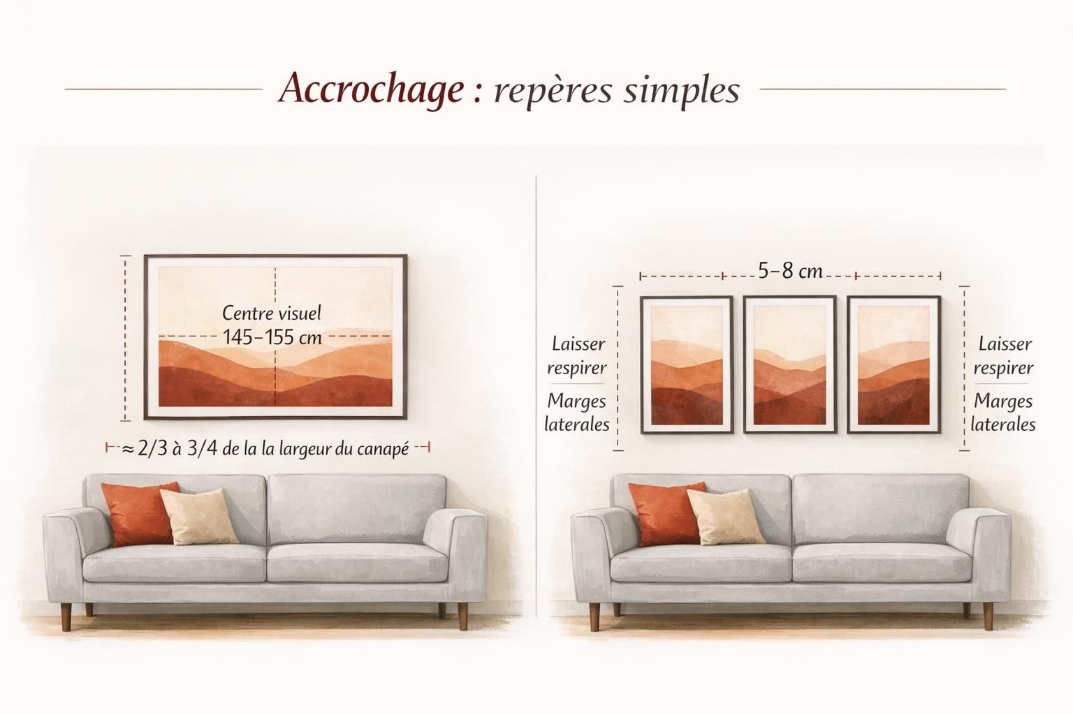 Schéma des repères d’accrochage d’un tableau au-dessus d’un canapé sur un mur beige